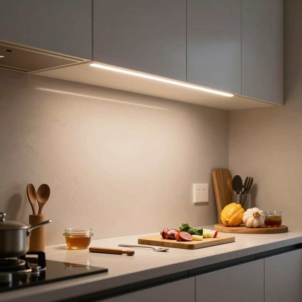 Under-cabinet task lighting illuminating kitchen countertop workspace