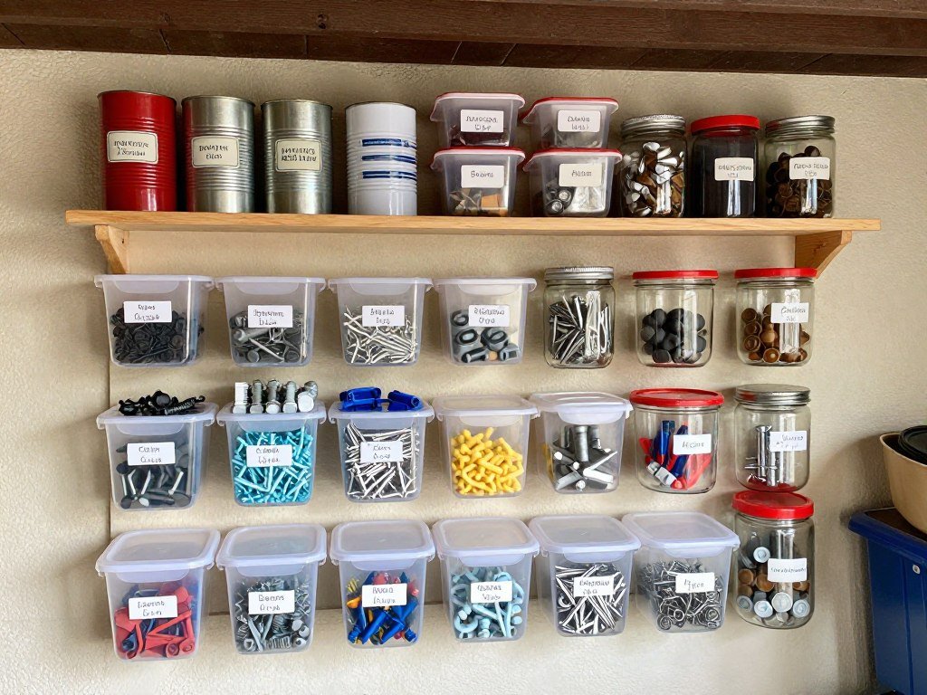 Upcycled containers like coffee cans and plastic food containers repurposed for small item storage in garage