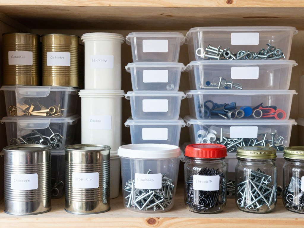 Upcycled containers used for small parts storage in garage