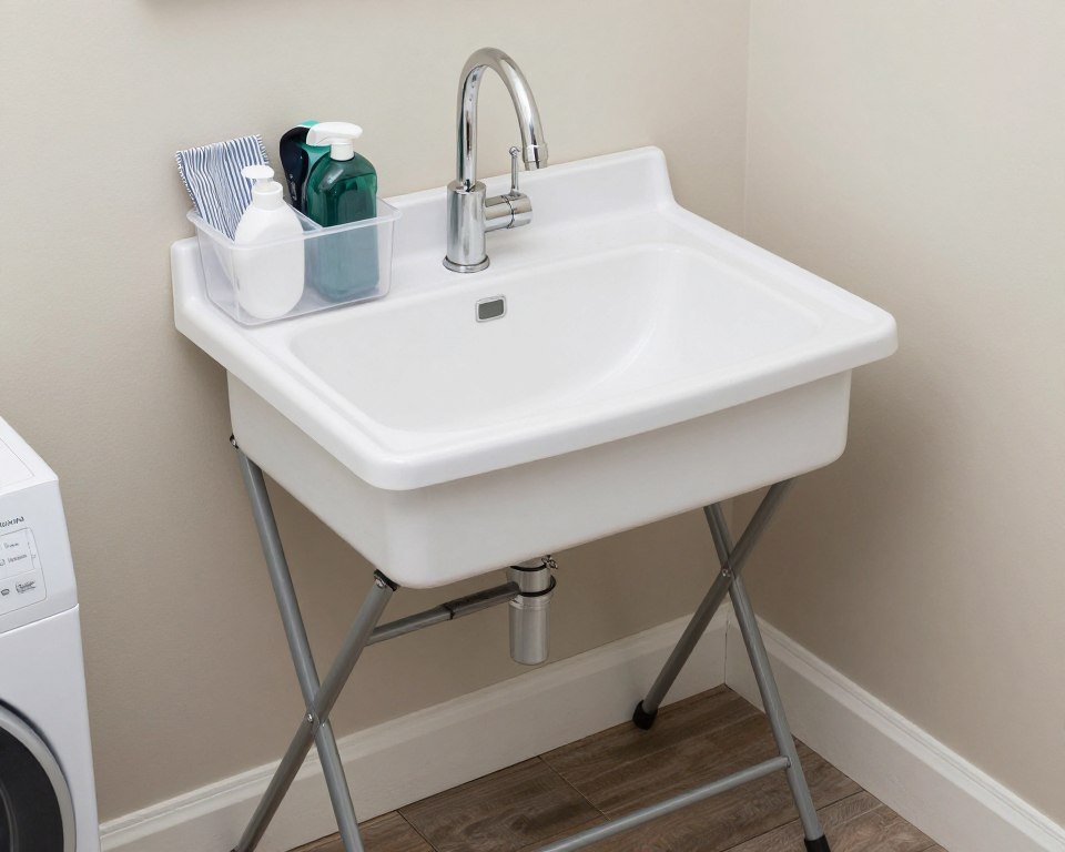 Utility sink and folding station in garage laundry area