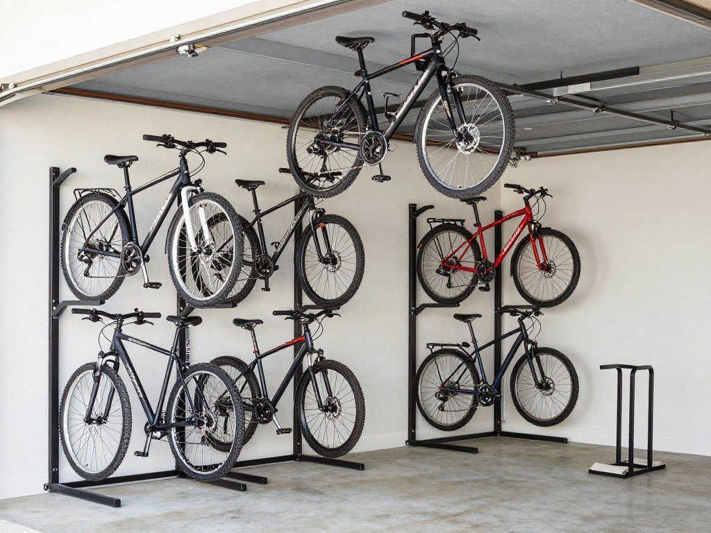 Various bike storage solutions in a garage including wall-mounted racks and ceiling hoists