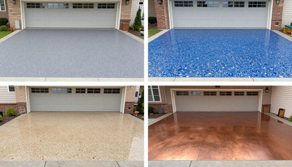 Various epoxy garage floor design options showing different colors and patterns Various epoxy garage floor design options showing different colors and patterns