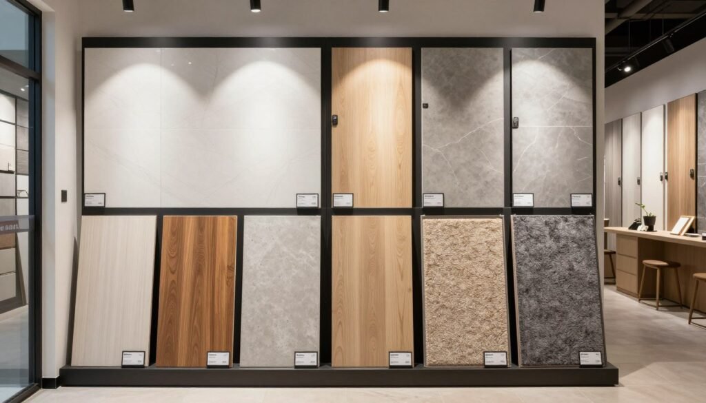 Various flooring materials suitable for enclosed breezeways displayed in a showroom setting Various flooring materials suitable for enclosed breezeways displayed in a showroom setting