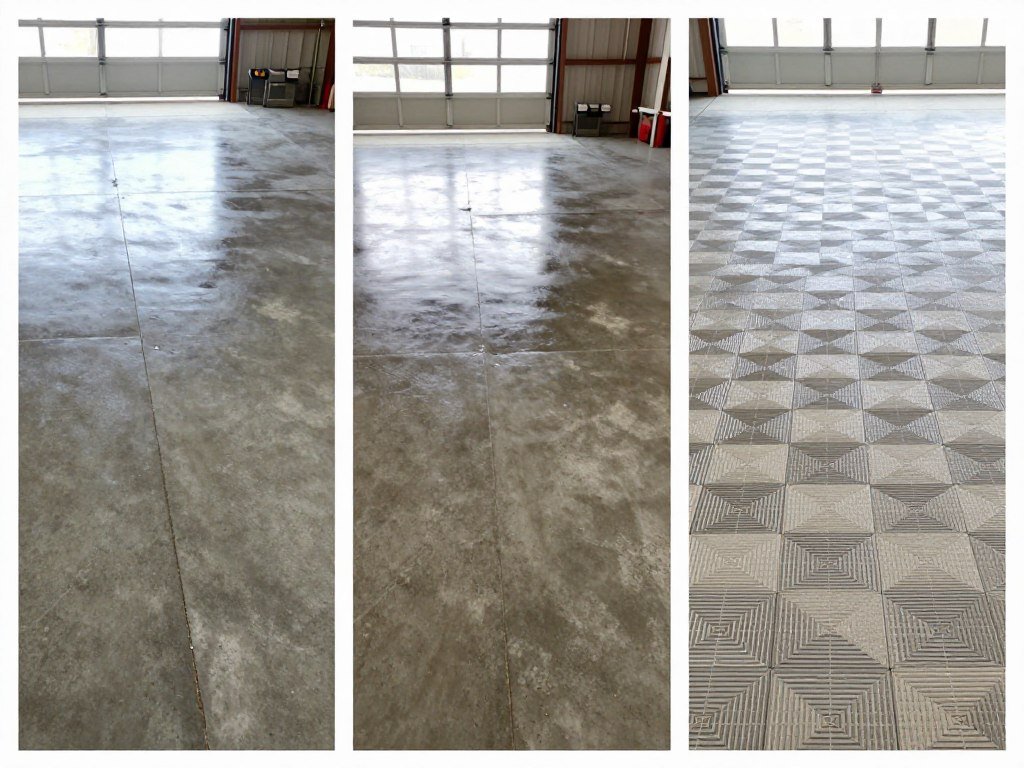 Various flooring options for pole barn garages including concrete, epoxy, and modular tiles