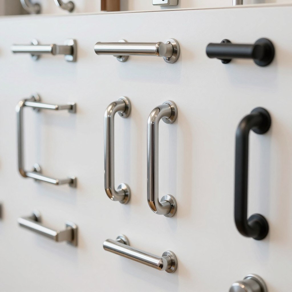 Various garage cabinet hardware options and handles
