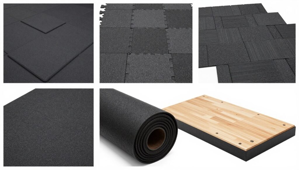 Various garage gym flooring options including rubber mats and platform