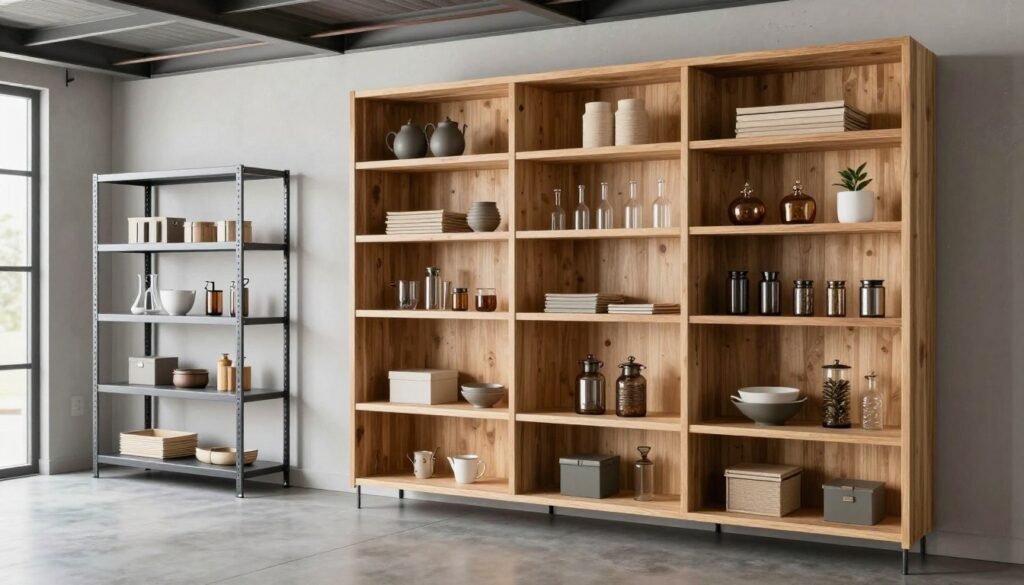 Various garage shelving systems from simple to custom built-ins
