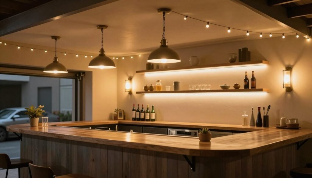 Various lighting elements in a garage bar setting