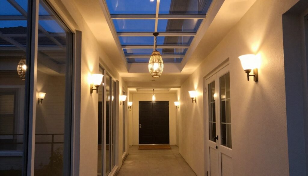 Various lighting options for enclosed breezeways including recessed, pendant, and wall sconces