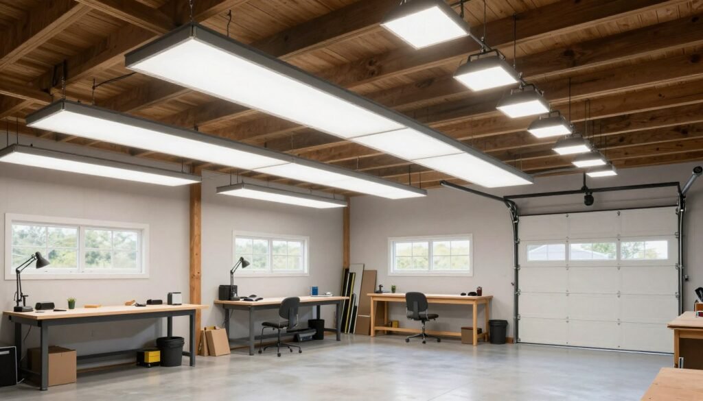 Various lighting options in a pole barn garage including LED shop lights, task lighting, and natural light