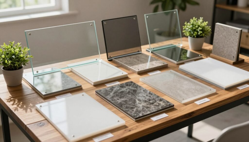 Various material samples for breezeway enclosure including glass panels, screens, and polycarbonate sheets Various material samples for breezeway enclosure including glass panels, screens, and polycarbonate sheets