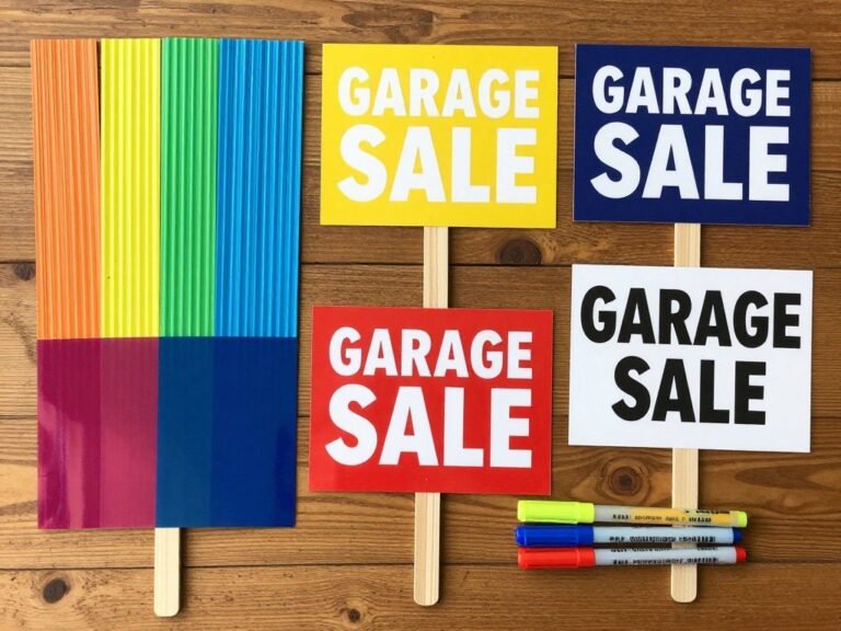 Various materials for making garage sale signs including corrugated plastic, poster board, and wooden stakes