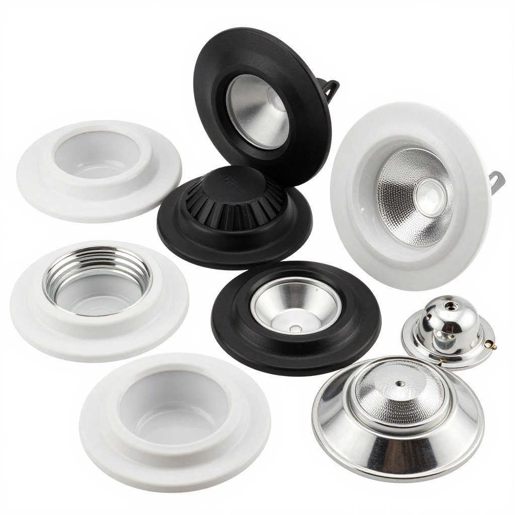 Various recessed light trim styles including white, black, and metallic finishes