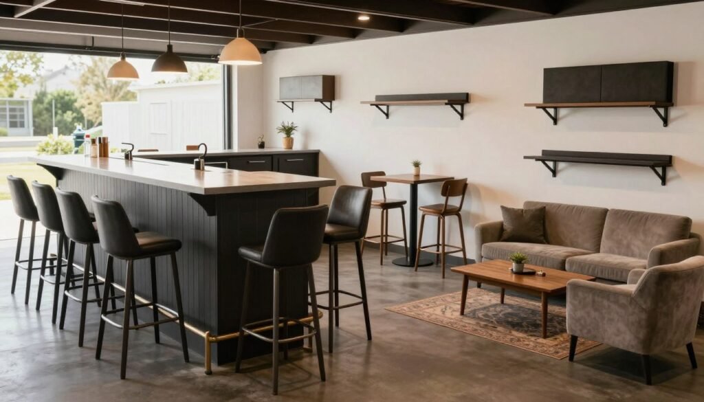 Various seating options around a garage bar including barstools and lounge furniture