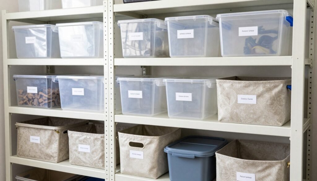 Various storage containers organized on garage shelving with clear labeling