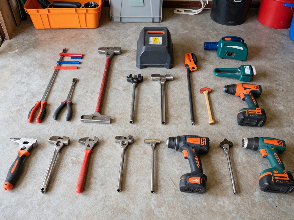 Various tools laid out on a garage floor for inventory assessment