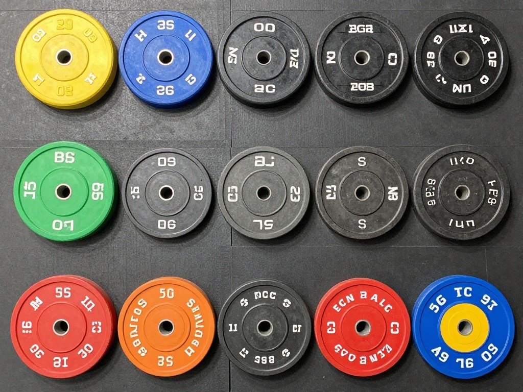Various types of weight plates including bumper plates and iron plates