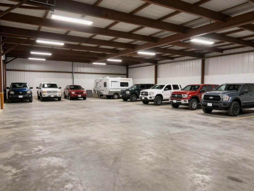 Vehicle-focused pole barn garage interior with multiple parking bays
