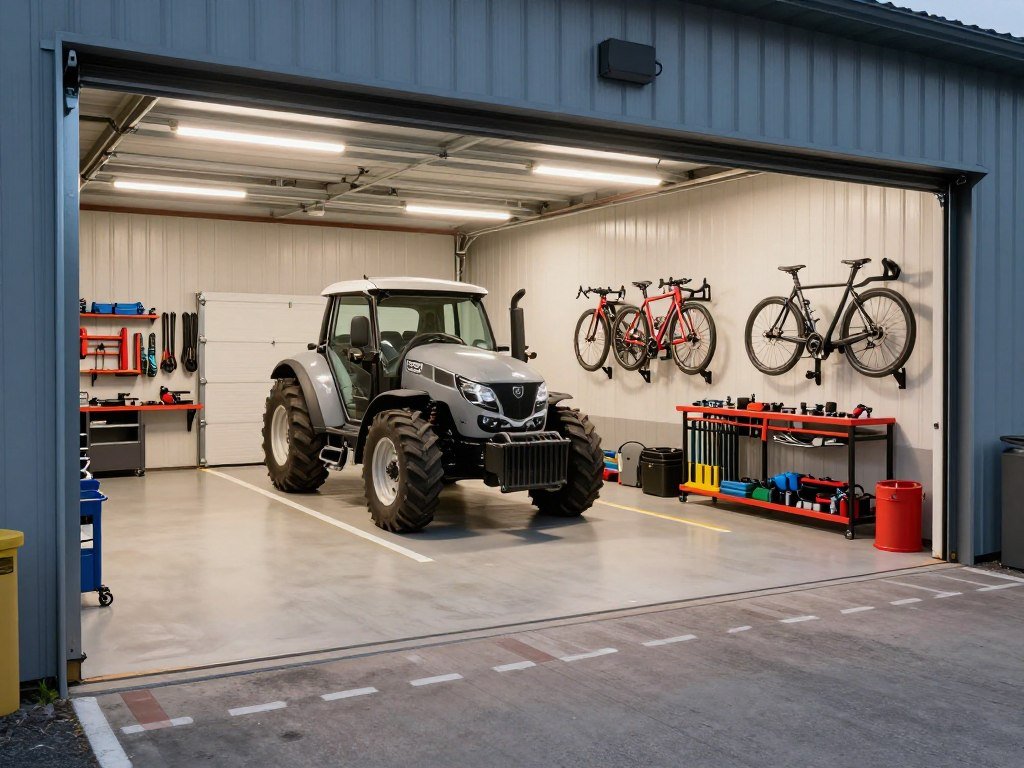 Vehicle storage area in a barn garage with wall-mounted racks and organized tools Vehicle storage area in a barn garage with wall-mounted racks and organized tools