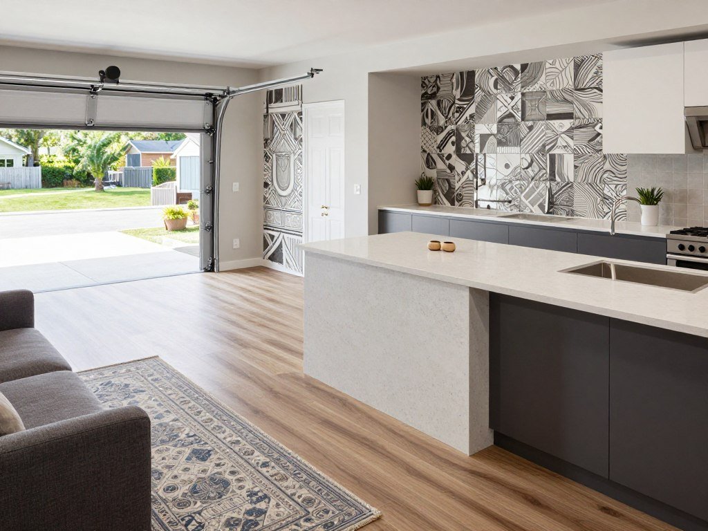 Versatile materials in an above garage apartment interior showing durable yet stylish surfaces