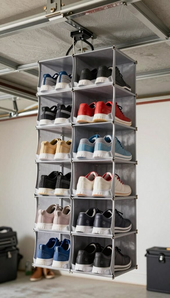 Vertical hanging shoe organizer utilizing garage ceiling space with shoes stored above