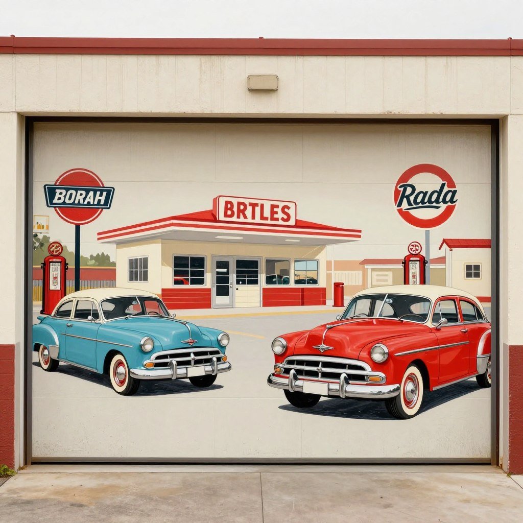 Vintage automotive garage art featuring classic cars and retro signage Vintage automotive garage art featuring classic cars and retro signage