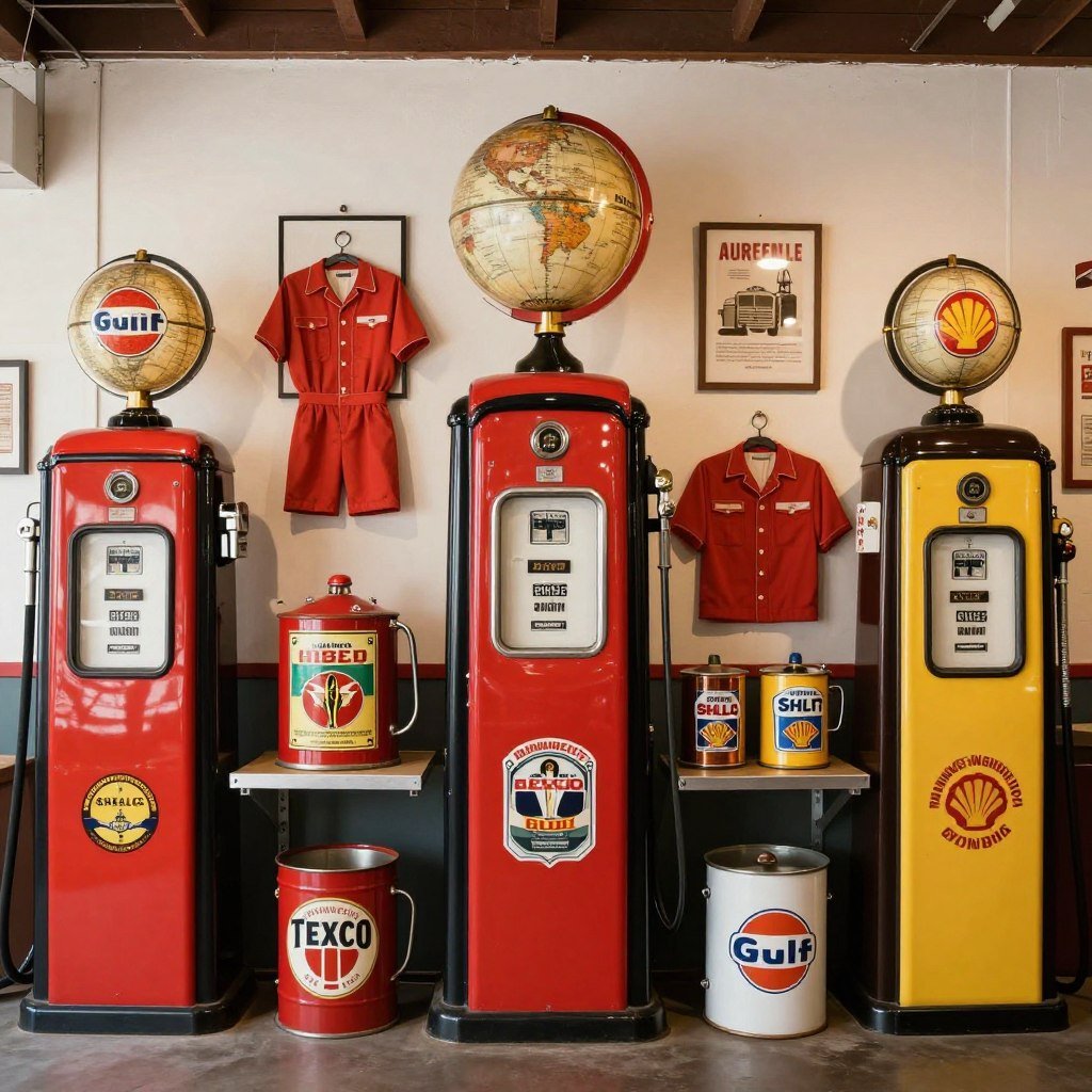 Vintage gas station collectibles displayed as garage art Vintage gas station collectibles displayed as garage art