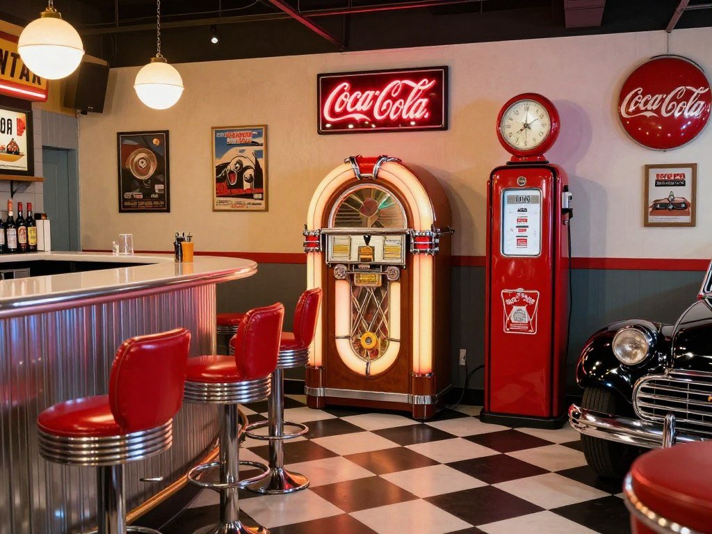 Vintage-inspired garage bar with retro elements and nostalgic decor