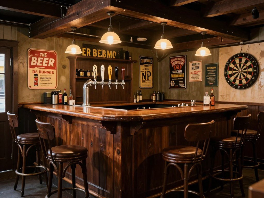 Vintage pub-style garage man cave with wooden bar and traditional decor
