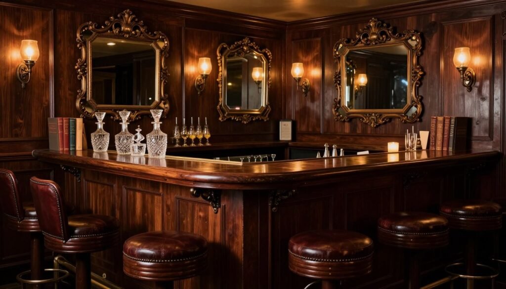 Vintage speakeasy-style garage bar with dark wood and leather