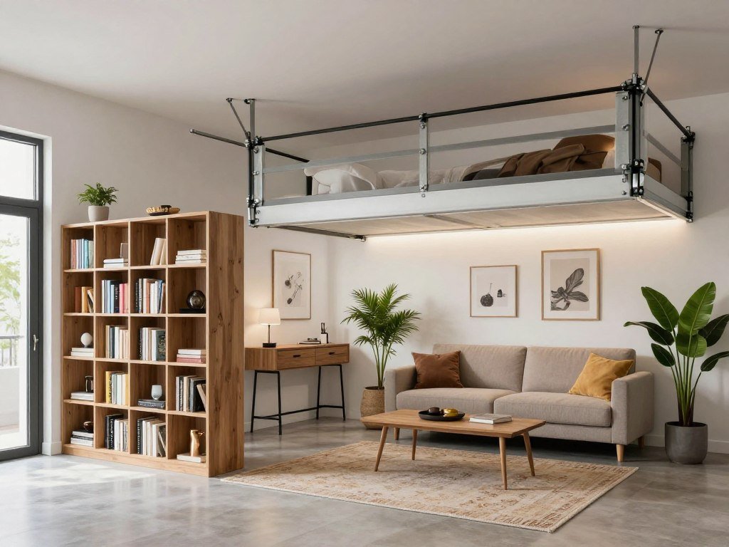 Visual dividers in an open-plan above garage apartment interior using furniture arrangement and area rugs