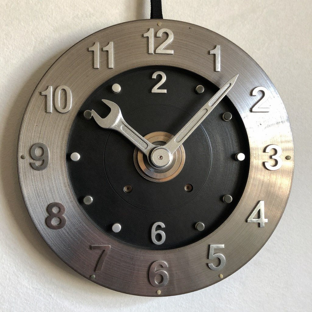Wall clock created from a brake rotor and custom numbers Wall clock created from a brake rotor and custom numbers