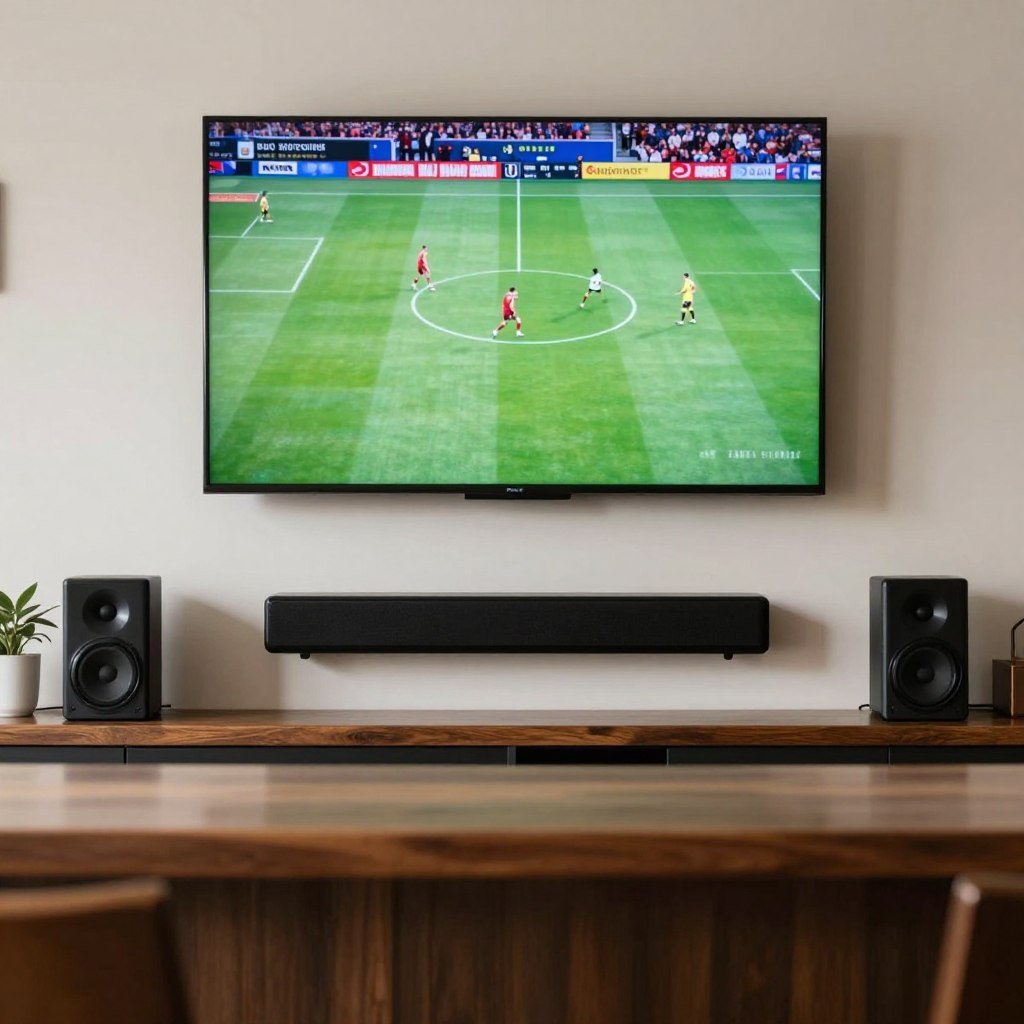 Wall-mounted TV and sound system in garage bar