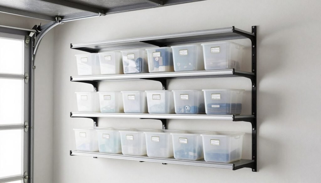 Wall-mounted adjustable shelving system with labeled bins and boxes