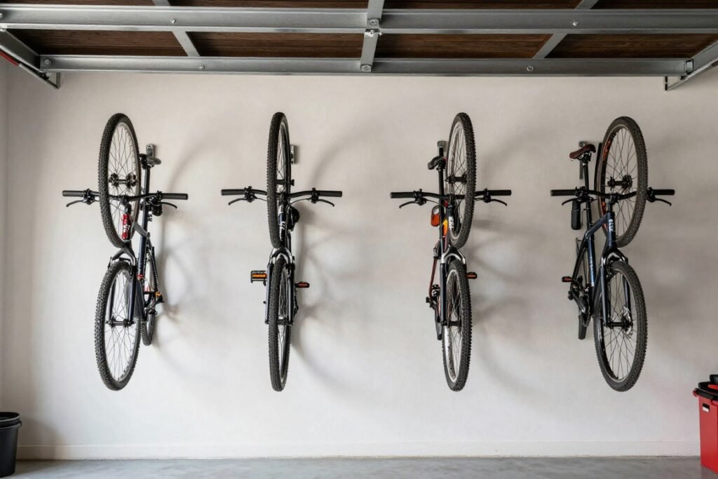 Wall-mounted bicycle hooks holding bikes vertically
