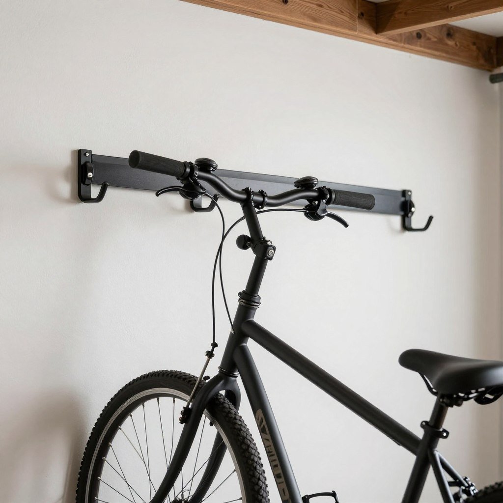 Wall-mounted bike hooks holding bicycle vertically