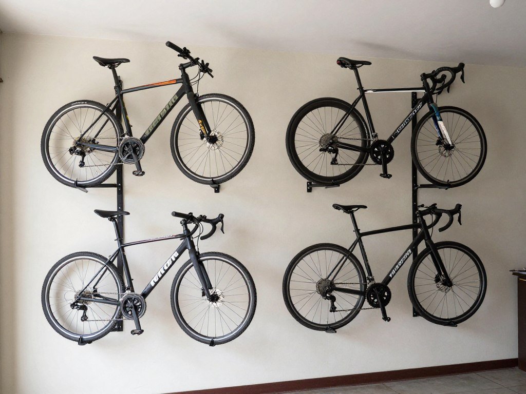 Wall-mounted bike storage rack with multiple bicycles Wall-mounted bike storage rack with multiple bicycles
