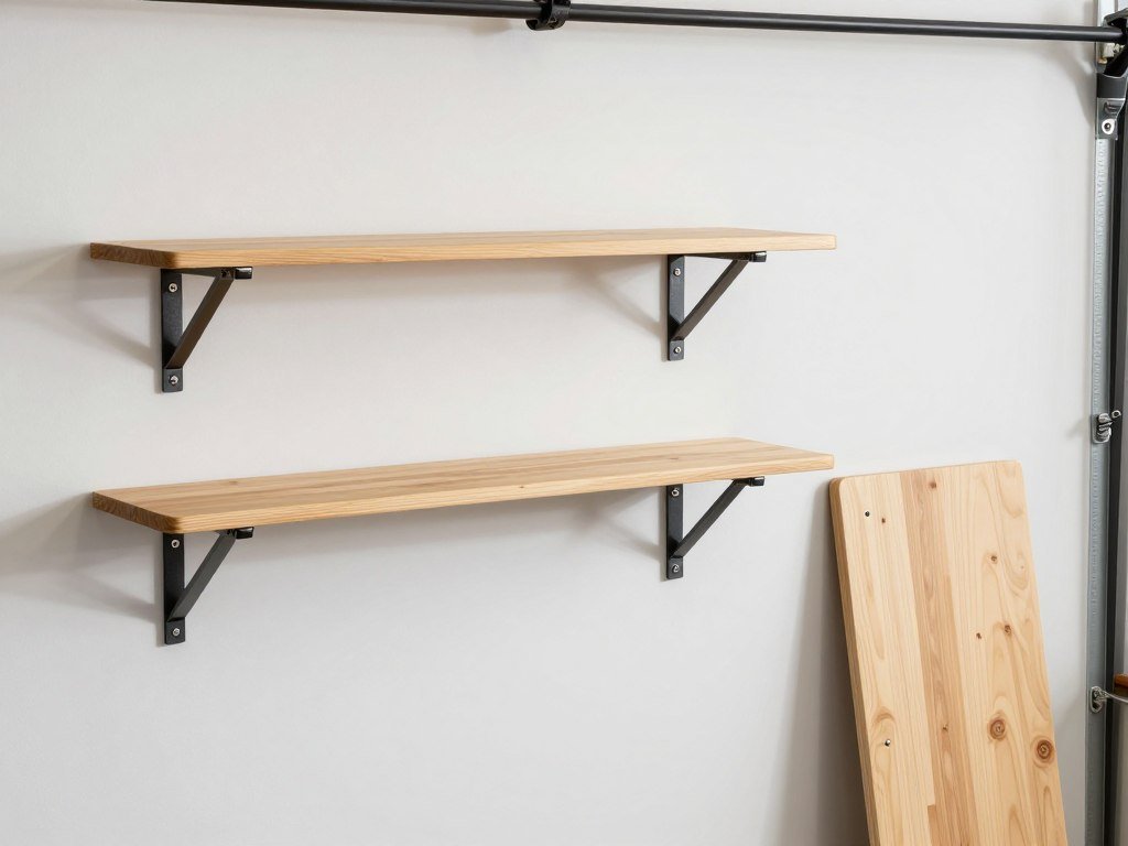 Wall-mounted folding garage workbench in both extended and folded positions