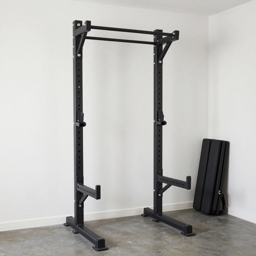 Wall-mounted folding squat rack in a small garage gym
