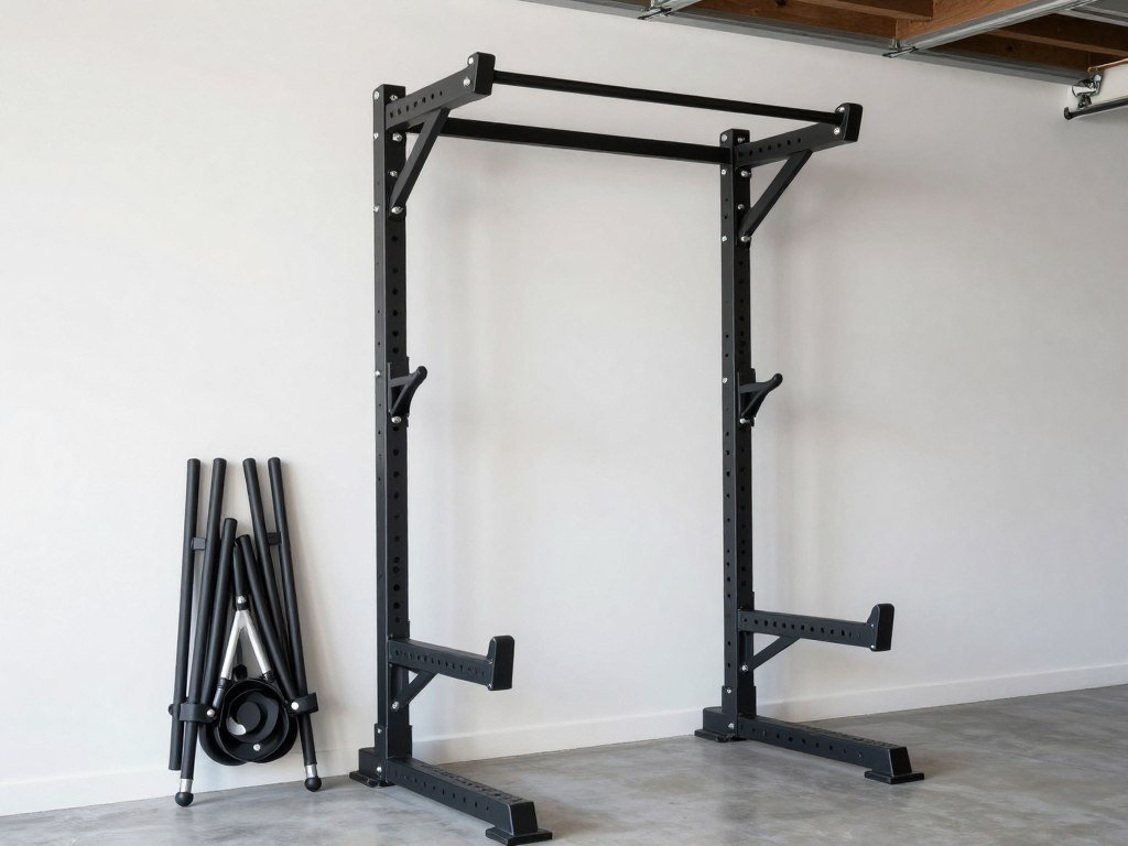 Wall-mounted folding squat rack in a small garage gym