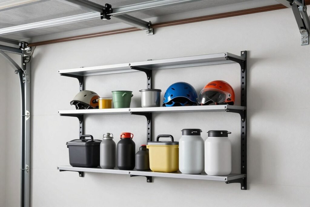 Wall-mounted garage shelving system with various items stored neatly