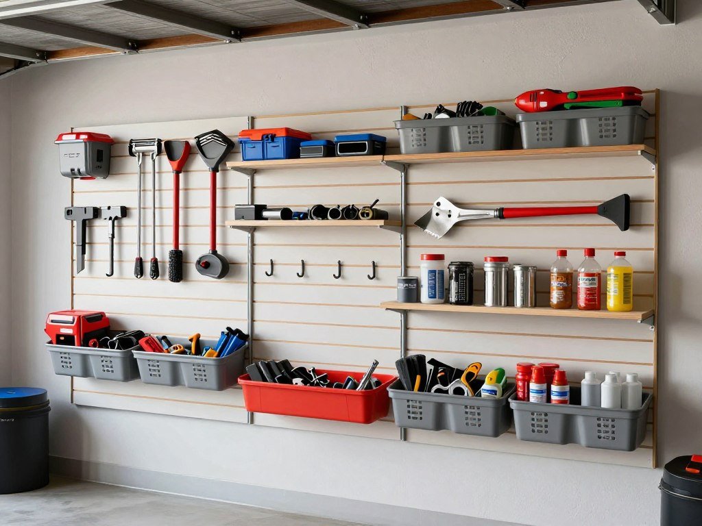 Wall-mounted garage storage system with tools and equipment neatly organized on slatwall panels, showcasing vertical garage inspo