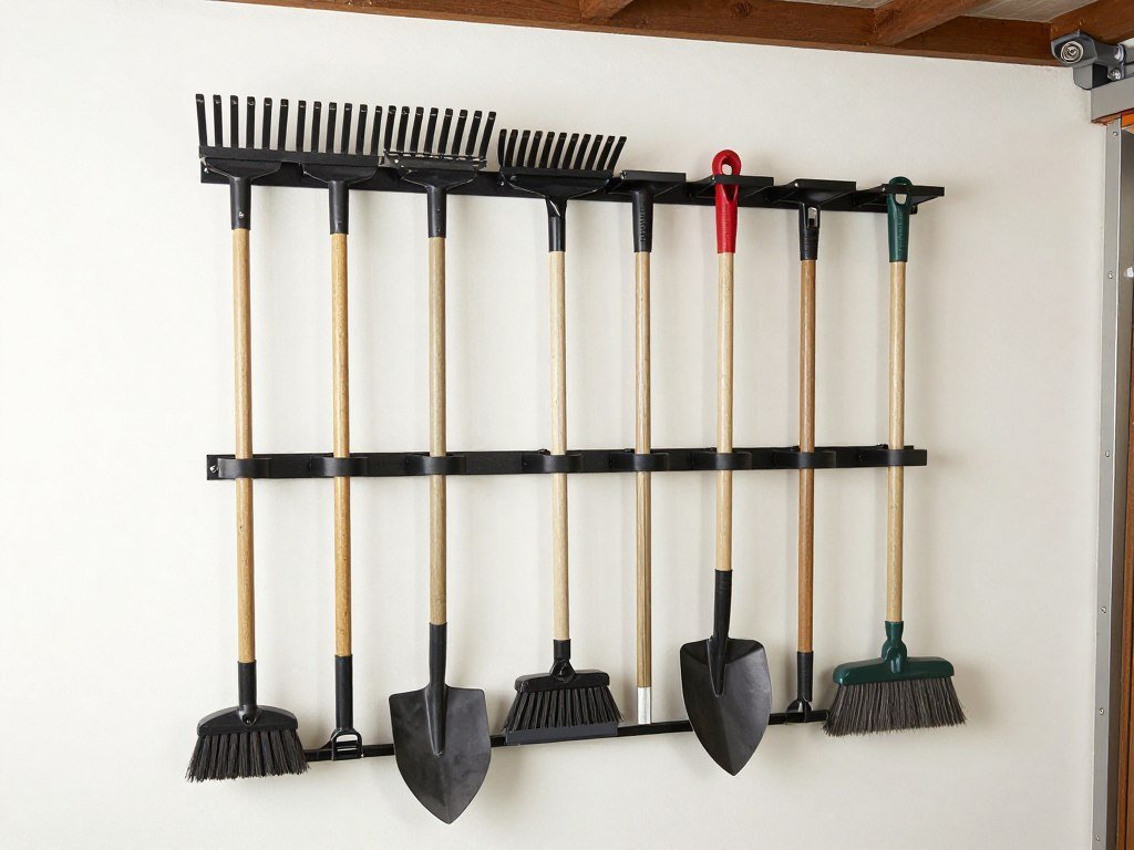 Wall-mounted garden tool organizer with various tools neatly arranged