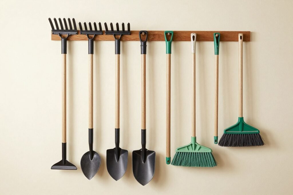 Wall-mounted garden tool rack with hooks for long-handled tools