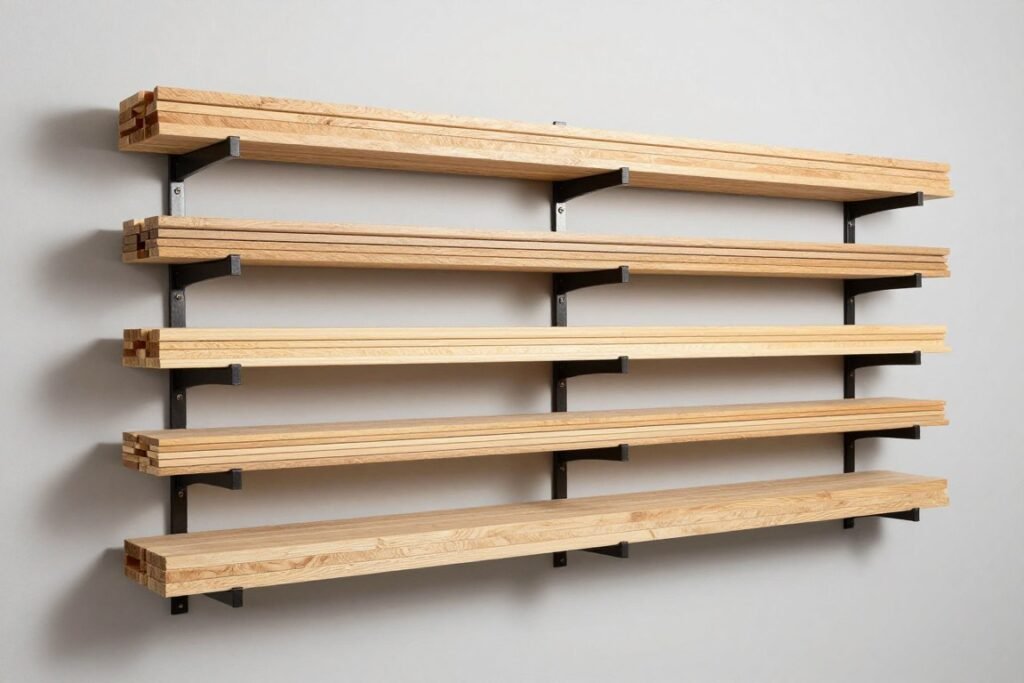 Wall-mounted lumber rack with organized wood storage in a garage workshop