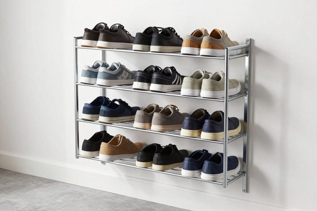 Wall-mounted metal shoe rack in garage with multiple pairs of shoes neatly organized