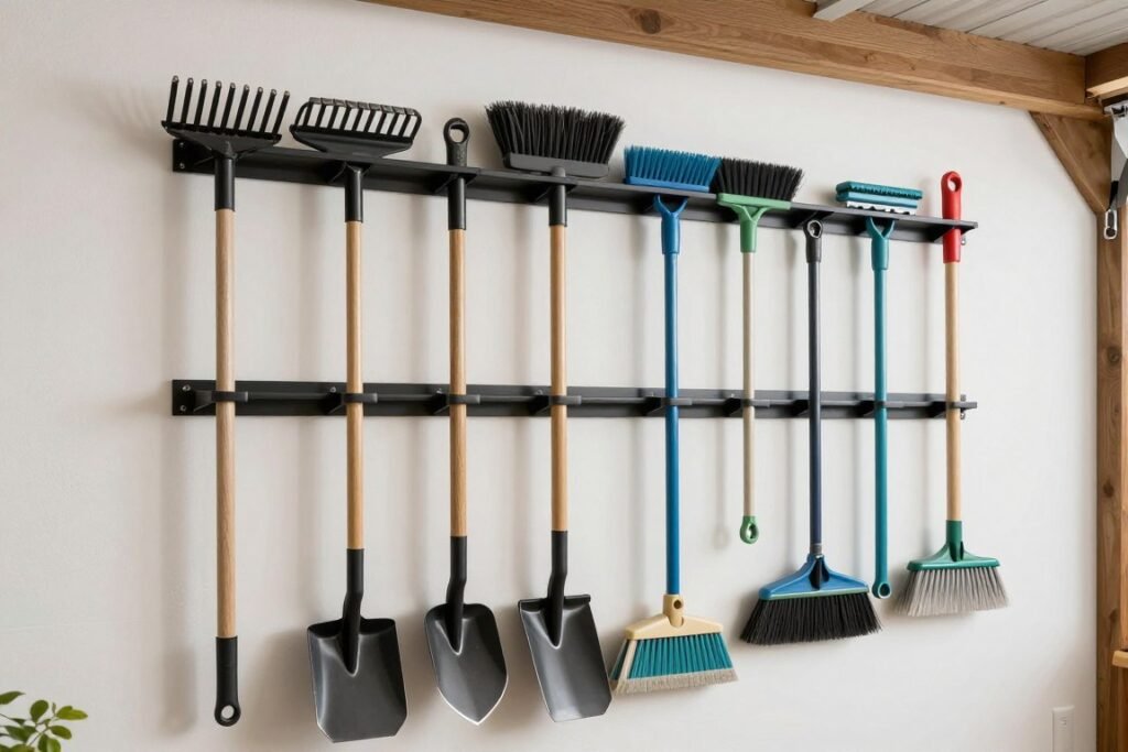 Wall-mounted rack holding various long-handled garden and cleaning tools