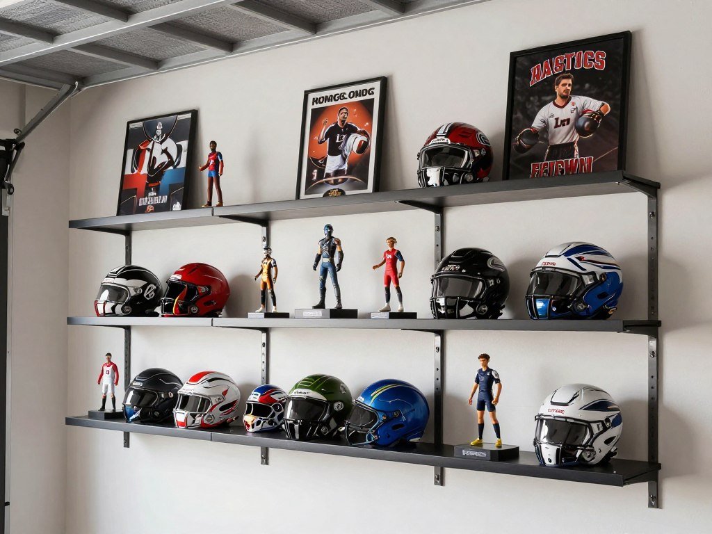 Wall-mounted shelving displaying collectibles in a garage man cave