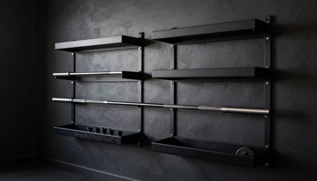Wall-mounted storage solutions in black garage gym