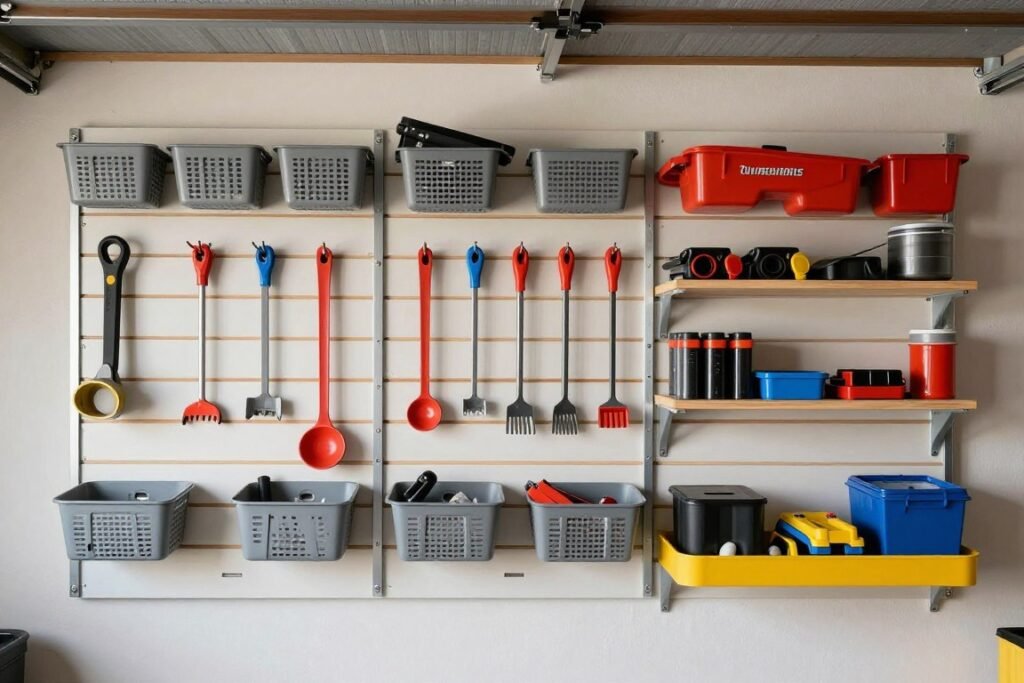 Wall-mounted storage system in a garage with organized tools and equipment